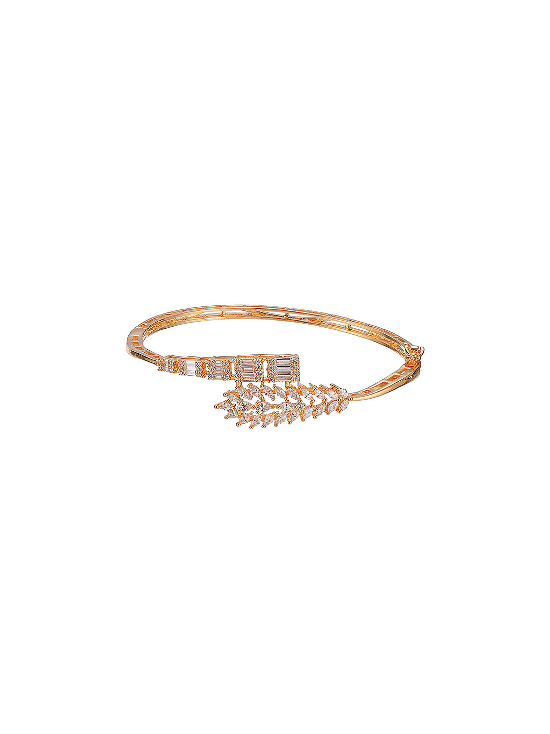 Gold Plated Cubic Zirconia Studded Leafy Minimal Bangle Bracelet