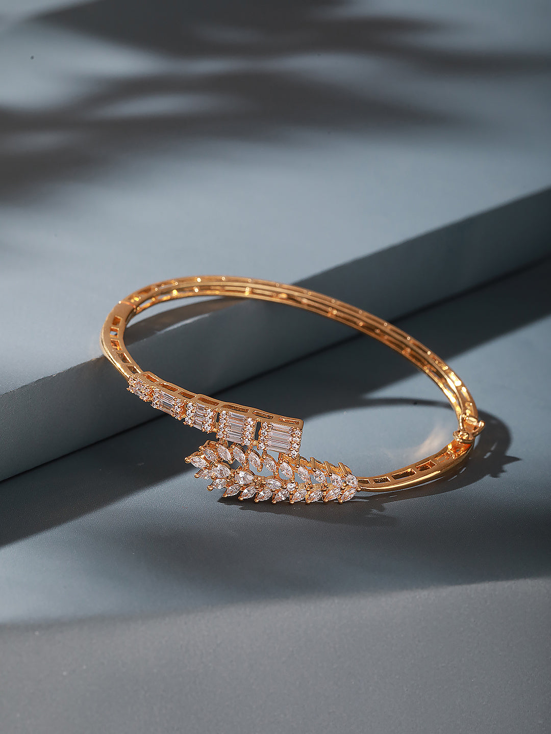 Gold Plated Cubic Zirconia Studded Leafy Minimal Bangle Bracelet