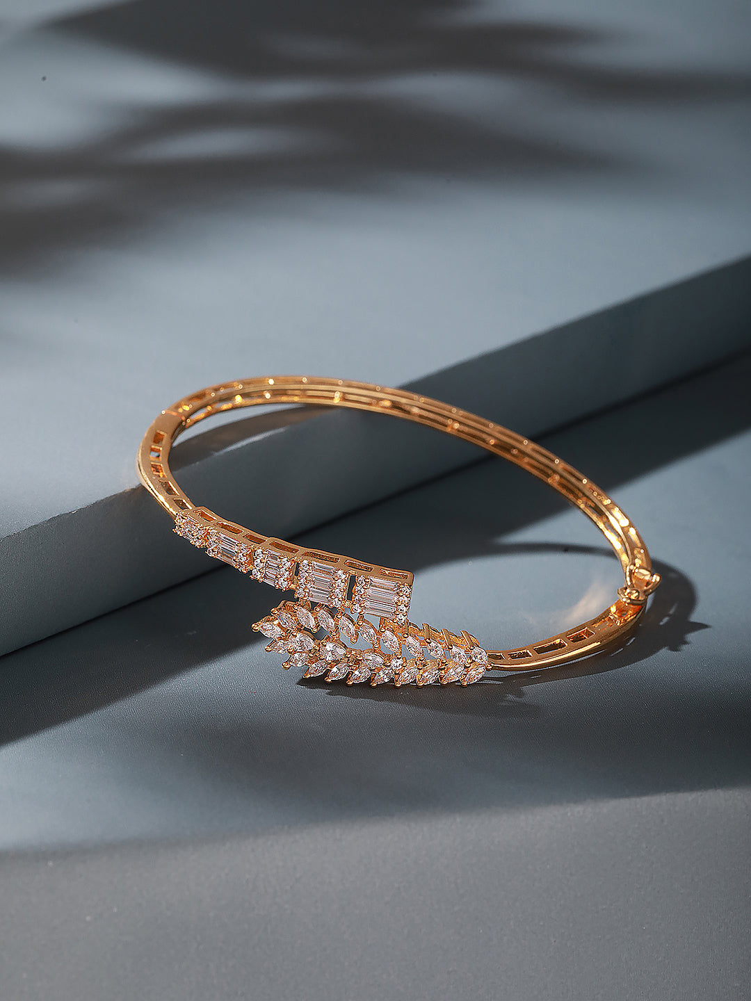 Gold Plated Cubic Zirconia Studded Leafy Minimal Bangle Bracelet