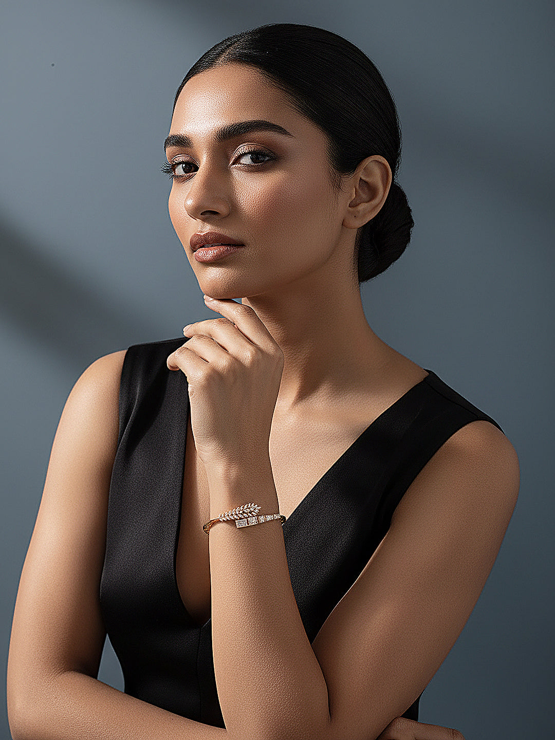 Gold Plated Cubic Zirconia Studded Leafy Minimal Bangle Bracelet