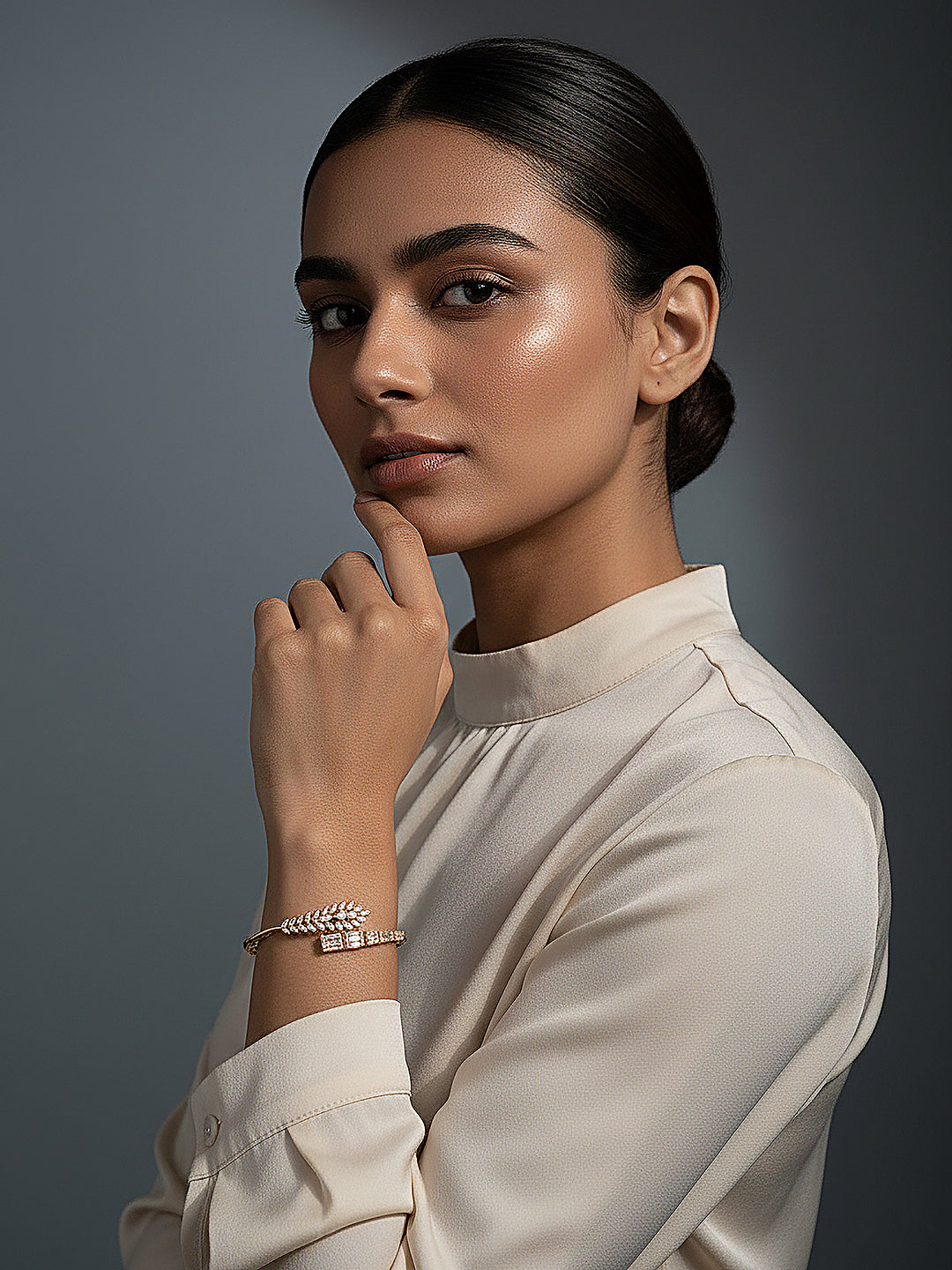 Gold Plated Cubic Zirconia Studded Leafy Minimal Bangle Bracelet