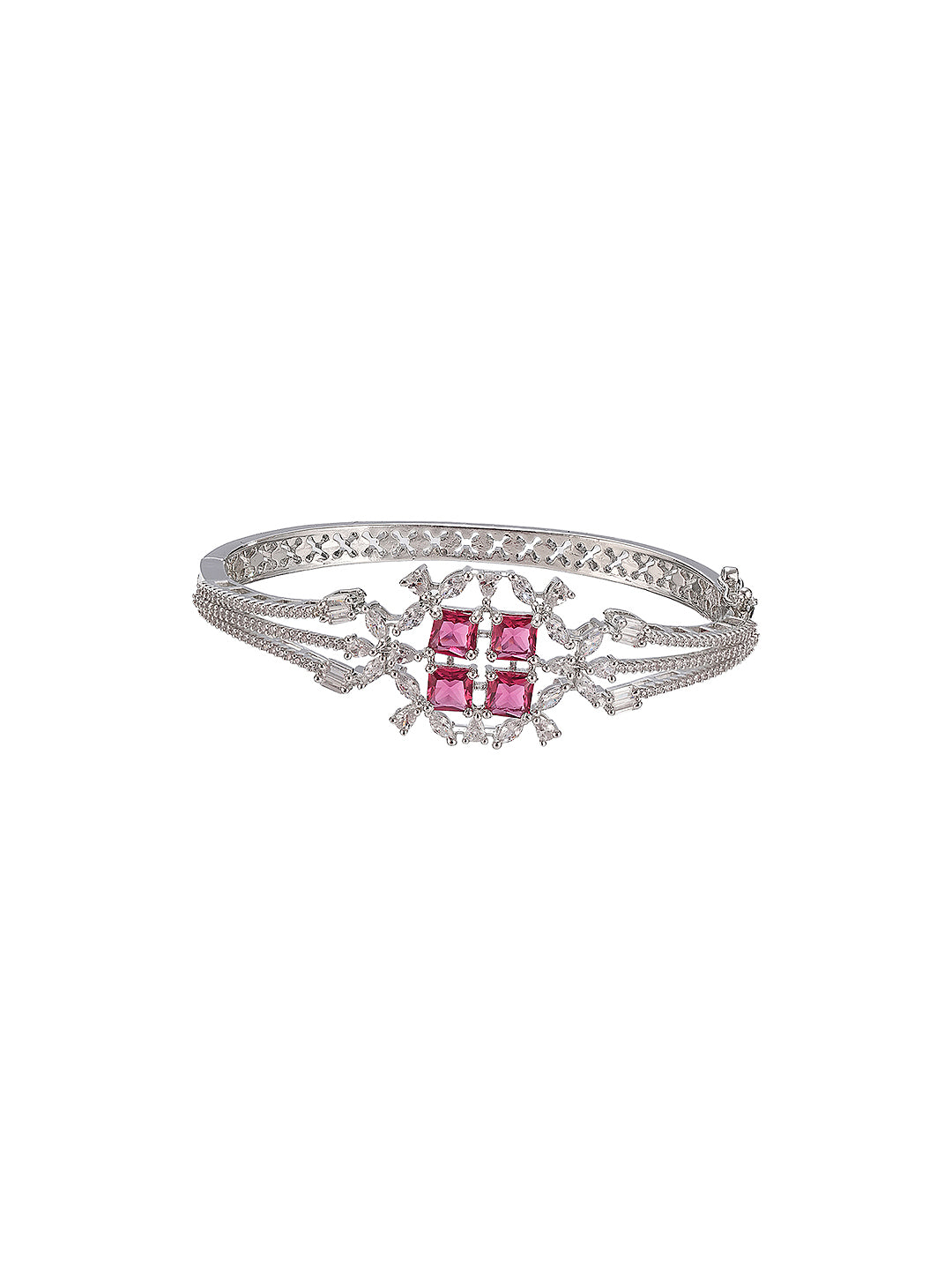 Silver Plated Ruby Red  Cubic Zirconia Geometric Luxe Bridal Kada Bracelet