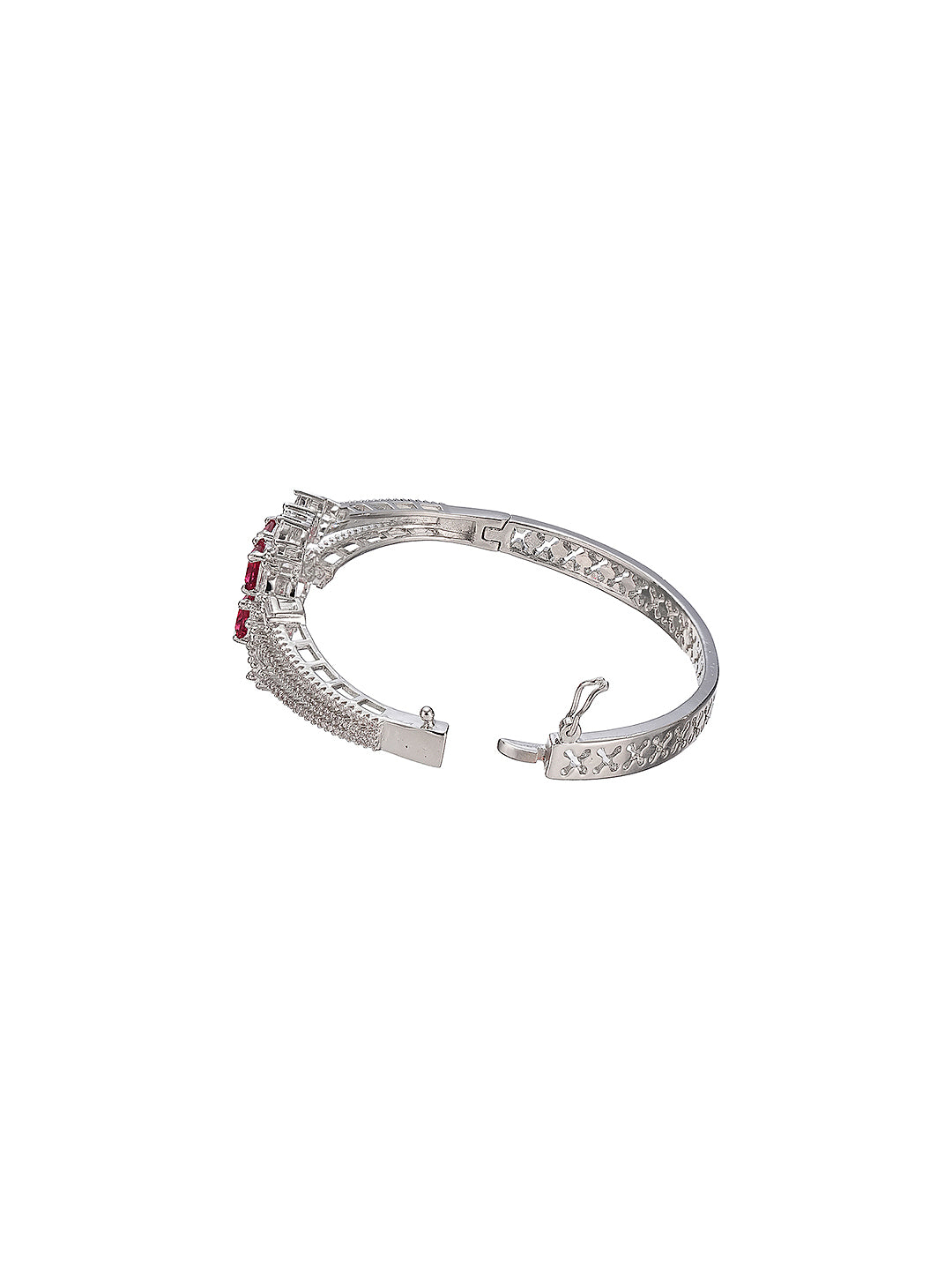 Silver Plated Ruby Red  Cubic Zirconia Geometric Luxe Bridal Kada Bracelet