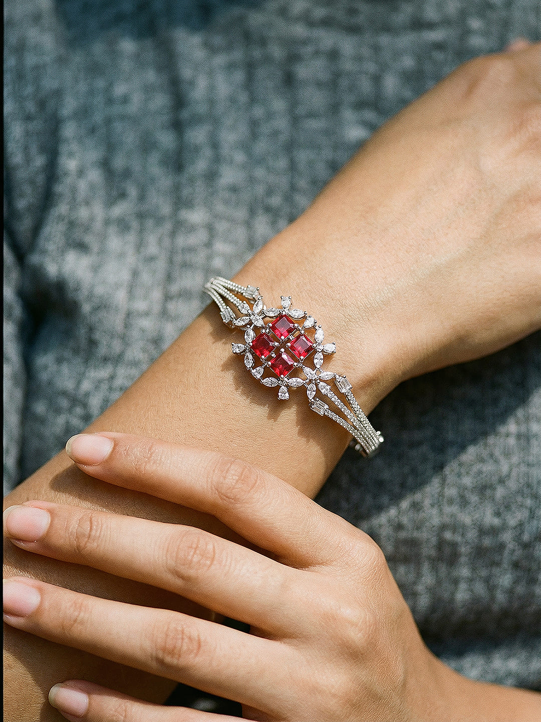 Silver Plated Ruby Red  Cubic Zirconia Geometric Luxe Bridal Kada Bracelet