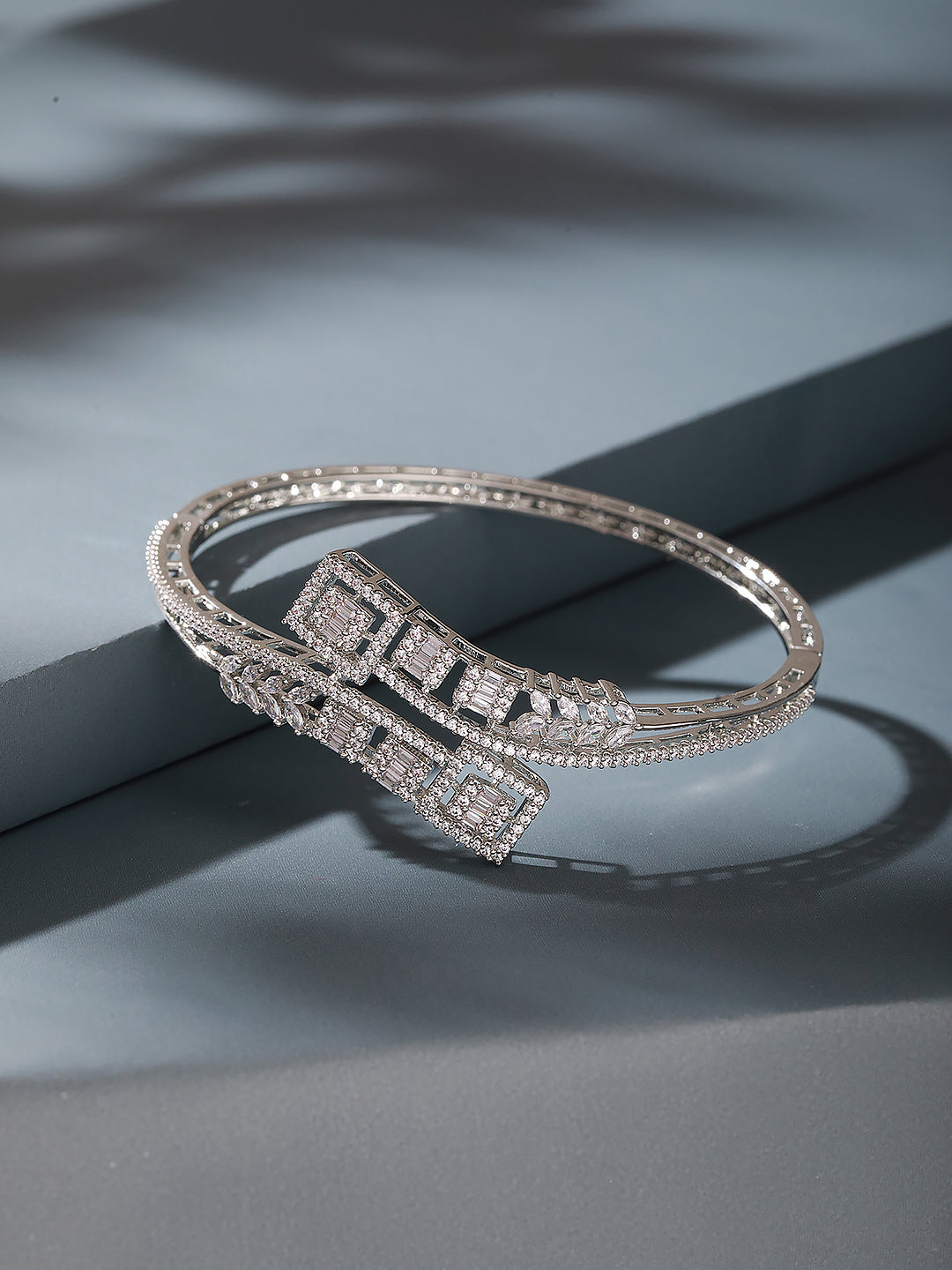 Silver Plated AD Studded Leafy Designer Minimal Bangle Bracelet