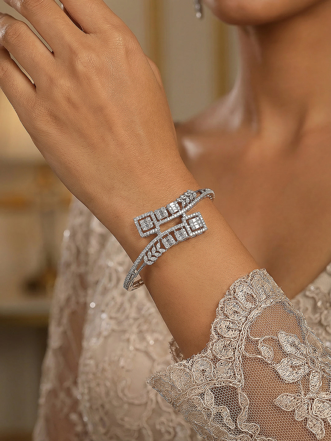 Silver Plated AD Studded Leafy Designer Minimal Bangle Bracelet