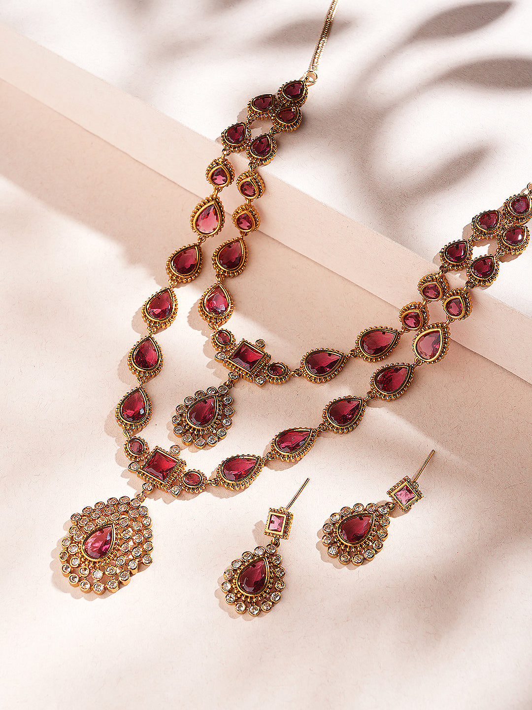 Antique Gold Polish Ruby Red layered Bridal Statement Necklace Jewellery Set