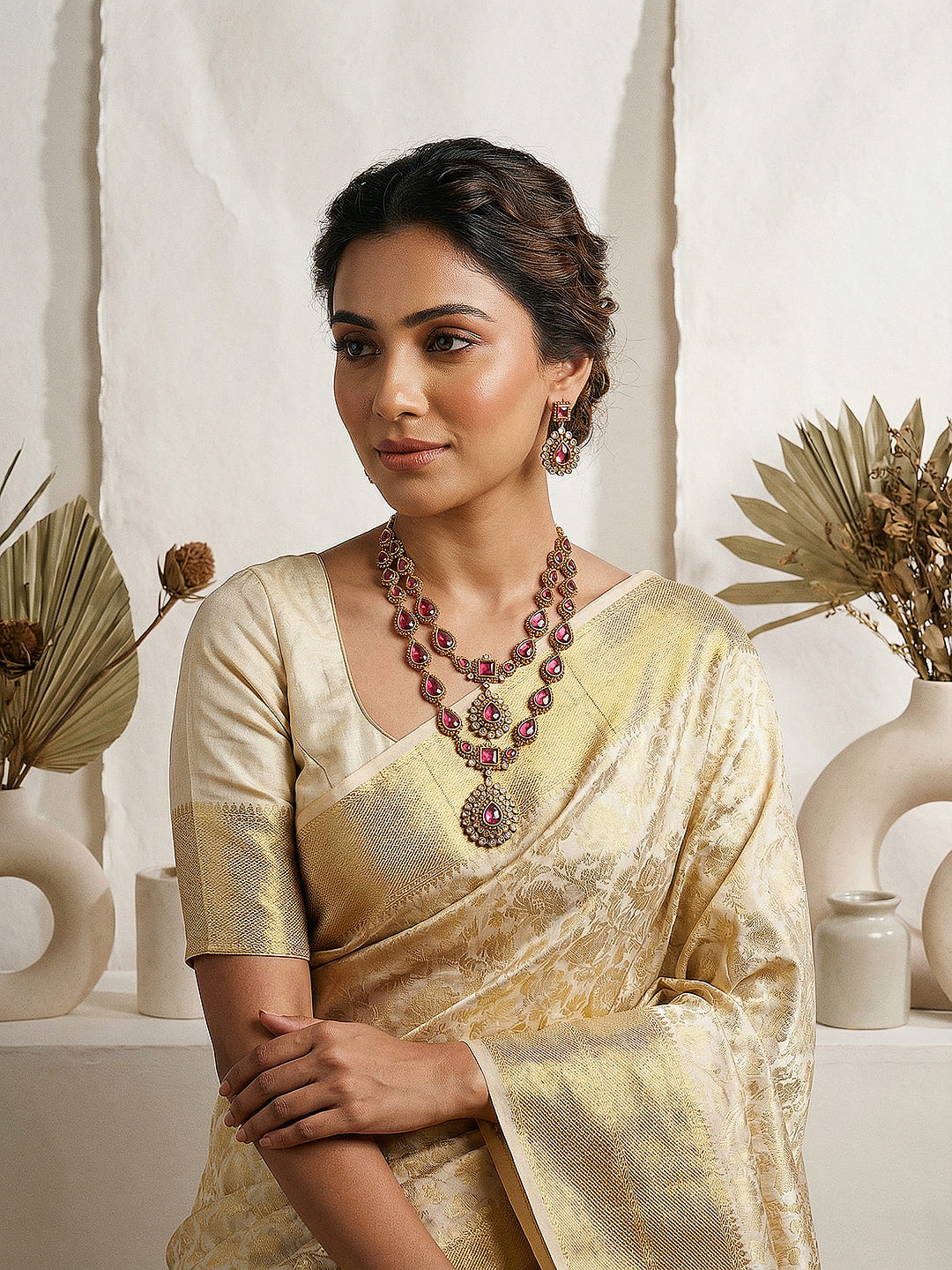 Antique Gold Polish Ruby Red layered Bridal Statement Necklace Jewellery Set