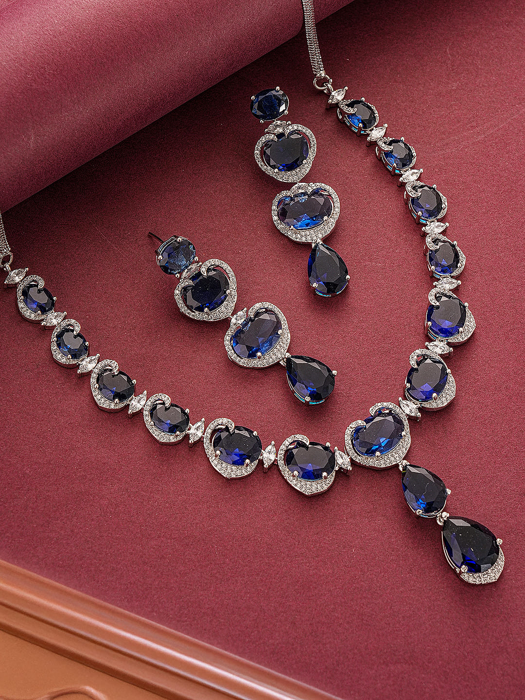 Silver Plated Sapphire Blue AD Zircon Studded Designer Statement Cocktail Jewellery Set