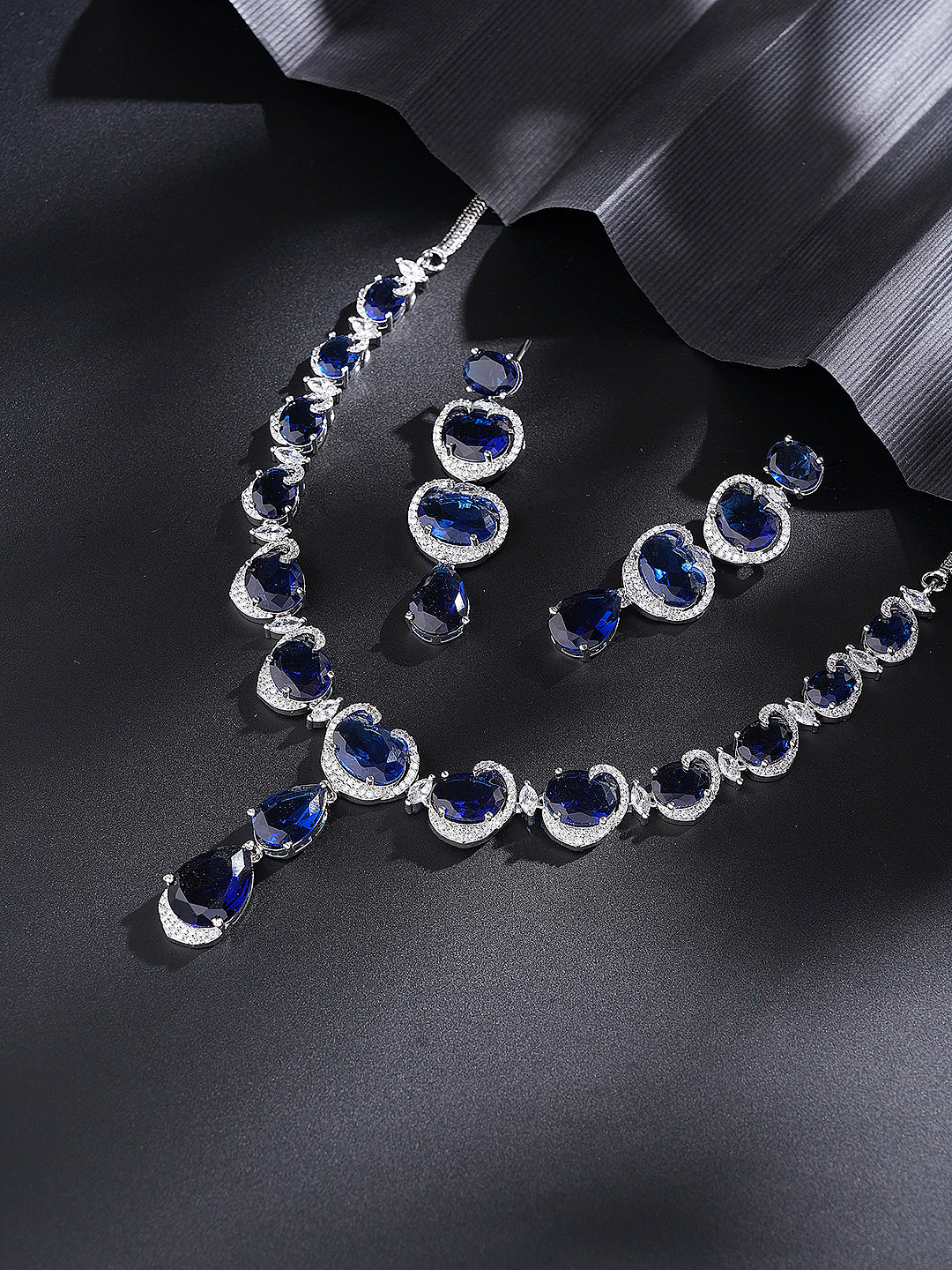 Silver Plated Sapphire Blue AD Zircon Studded Designer Statement Cocktail Jewellery Set