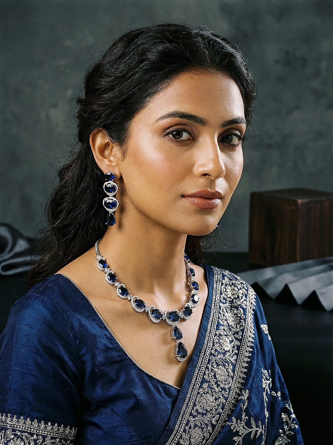 Silver Plated Sapphire Blue AD Zircon Studded Designer Statement Cocktail Jewellery Set