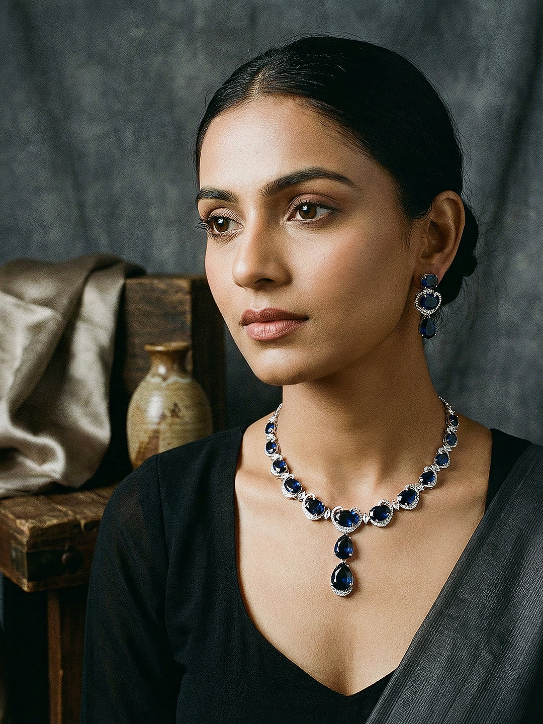 Silver Plated Sapphire Blue AD Zircon Studded Designer Statement Cocktail Jewellery Set