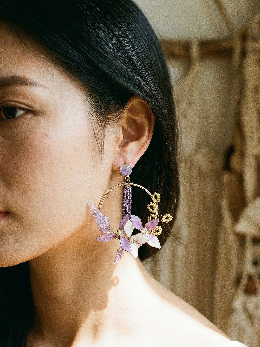 lavender Enamelled Floral Dangler  Statement Earrings