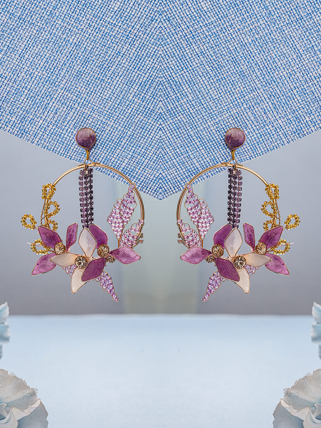 lavender Enamelled Floral Dangler  Statement Earrings
