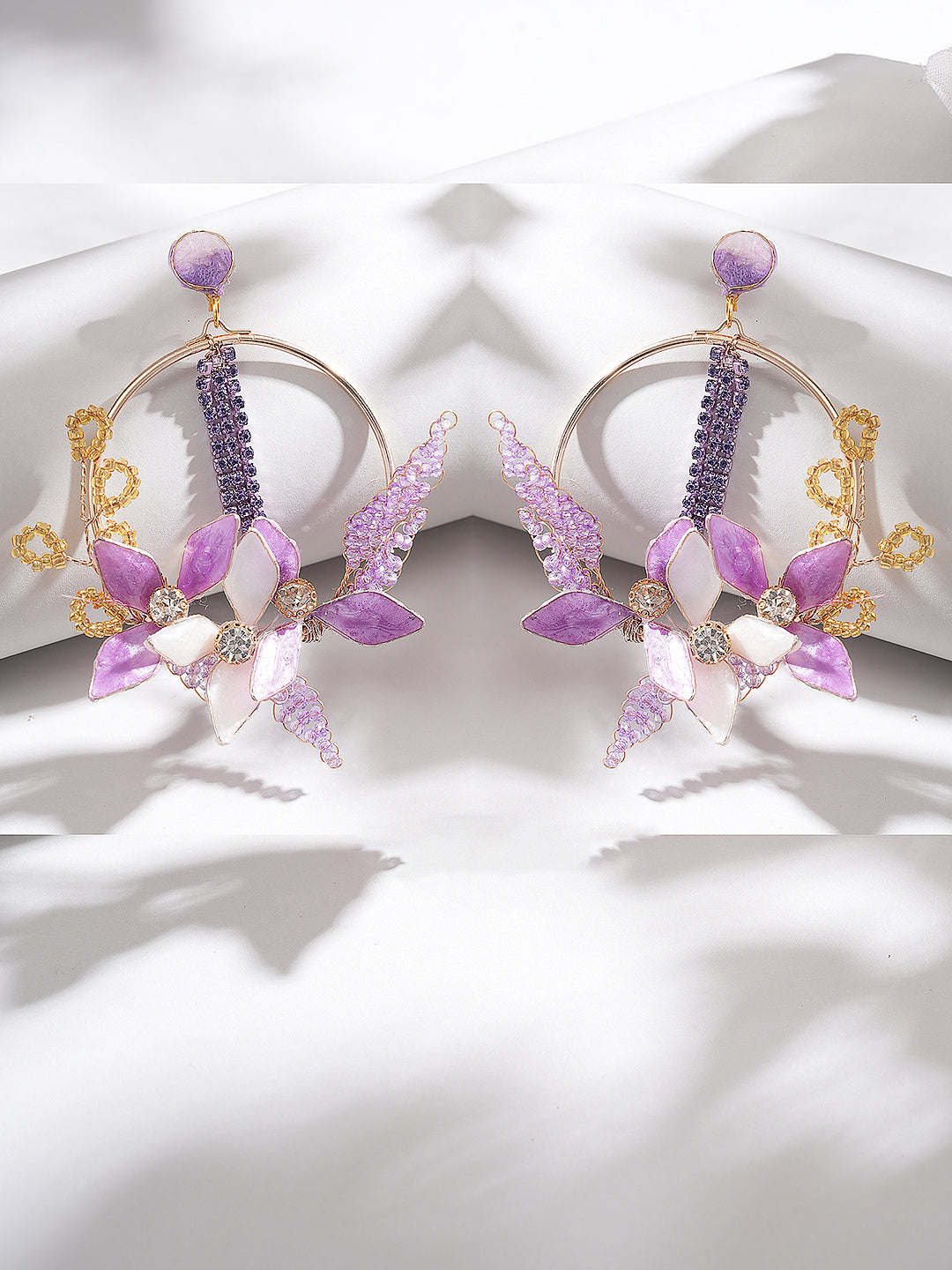 lavender Enamelled Floral Dangler  Statement Earrings