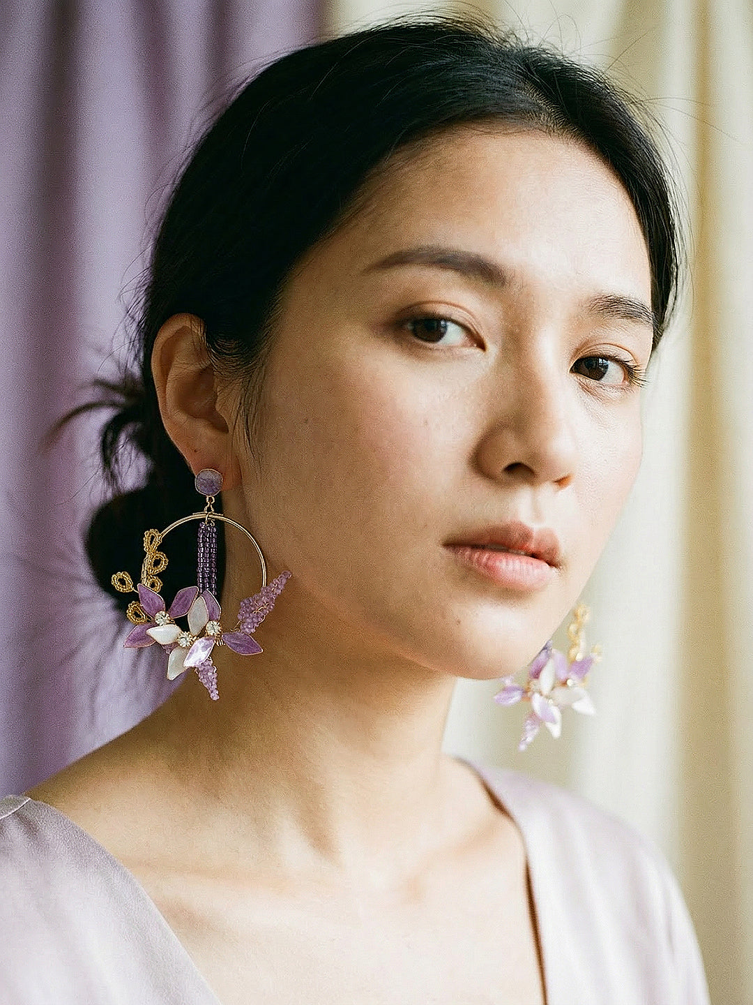 lavender Enamelled Floral Dangler  Statement Earrings