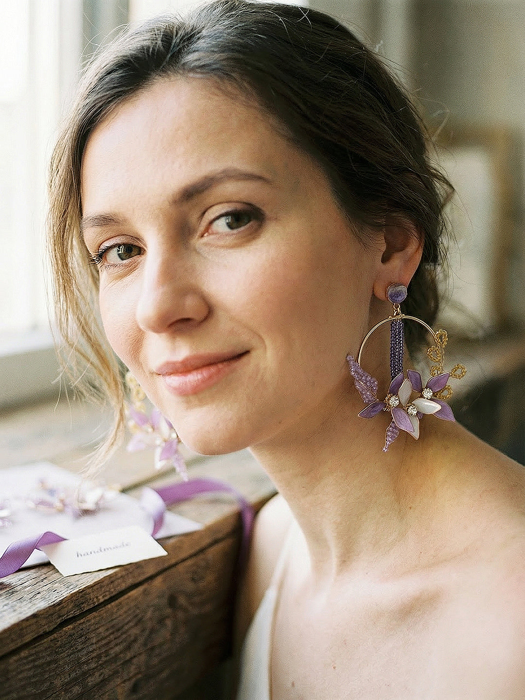 lavender Enamelled Floral Dangler  Statement Earrings