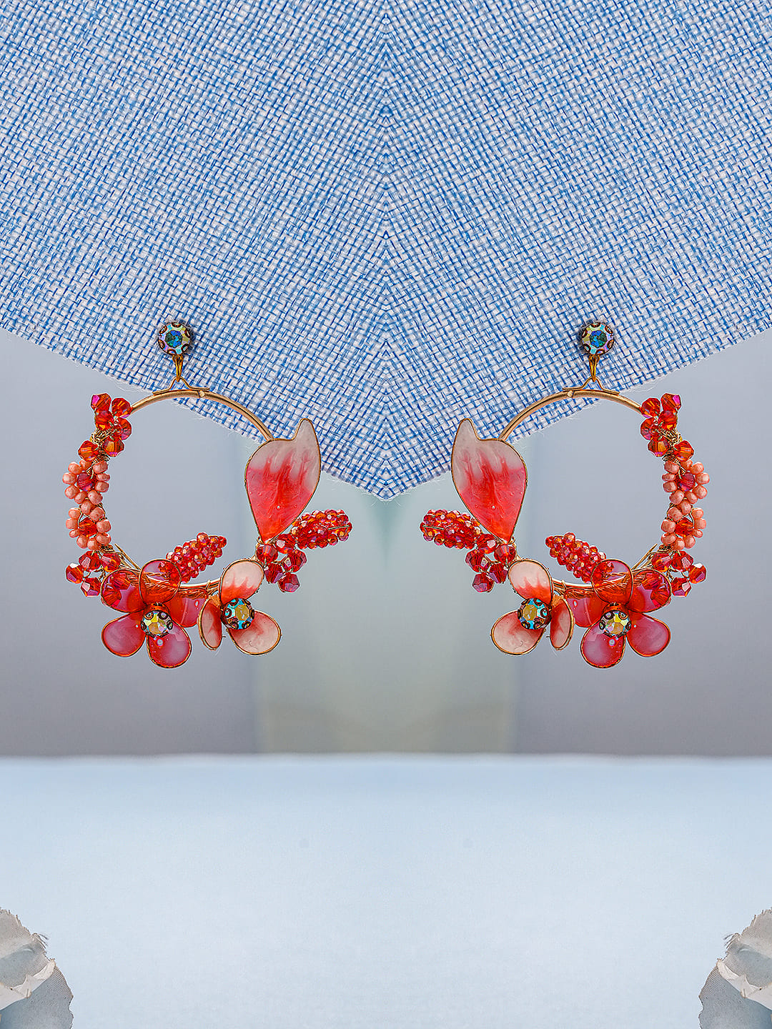 Red Enamelled & Beaded Statement Floral Earrings