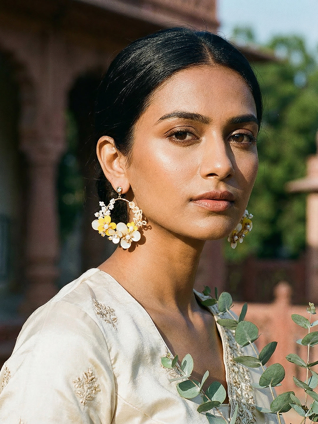 Yellow & White Enamelled & Beaded Statement Floral earrings