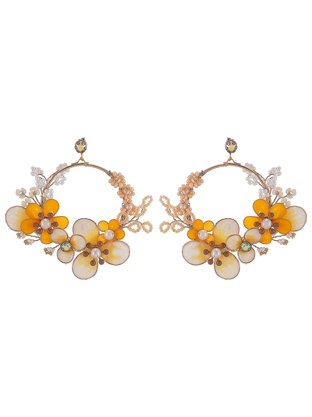Yellow & White Enamelled & Beaded Statement Floral earrings