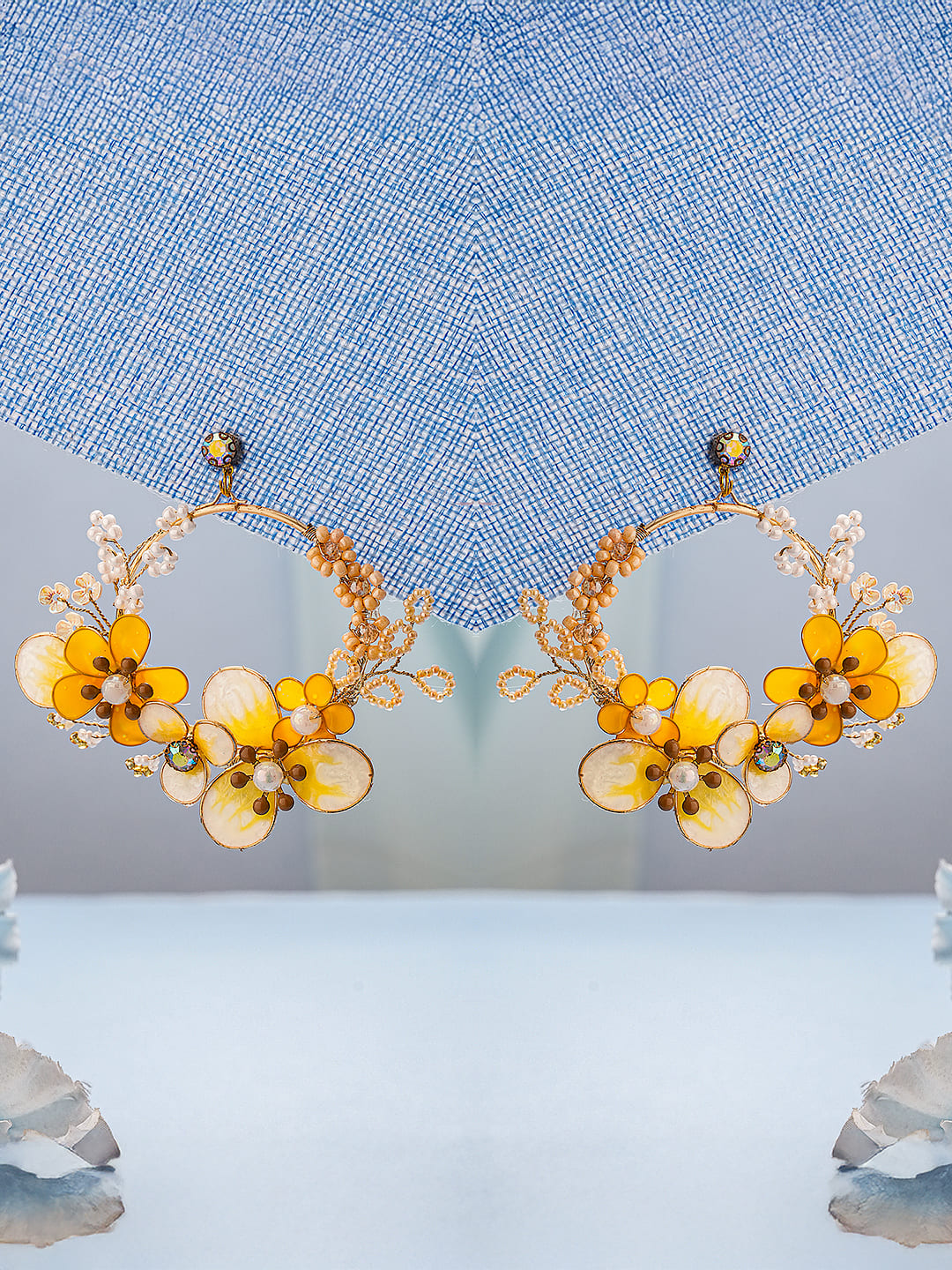 Yellow & White Enamelled & Beaded Statement Floral earrings