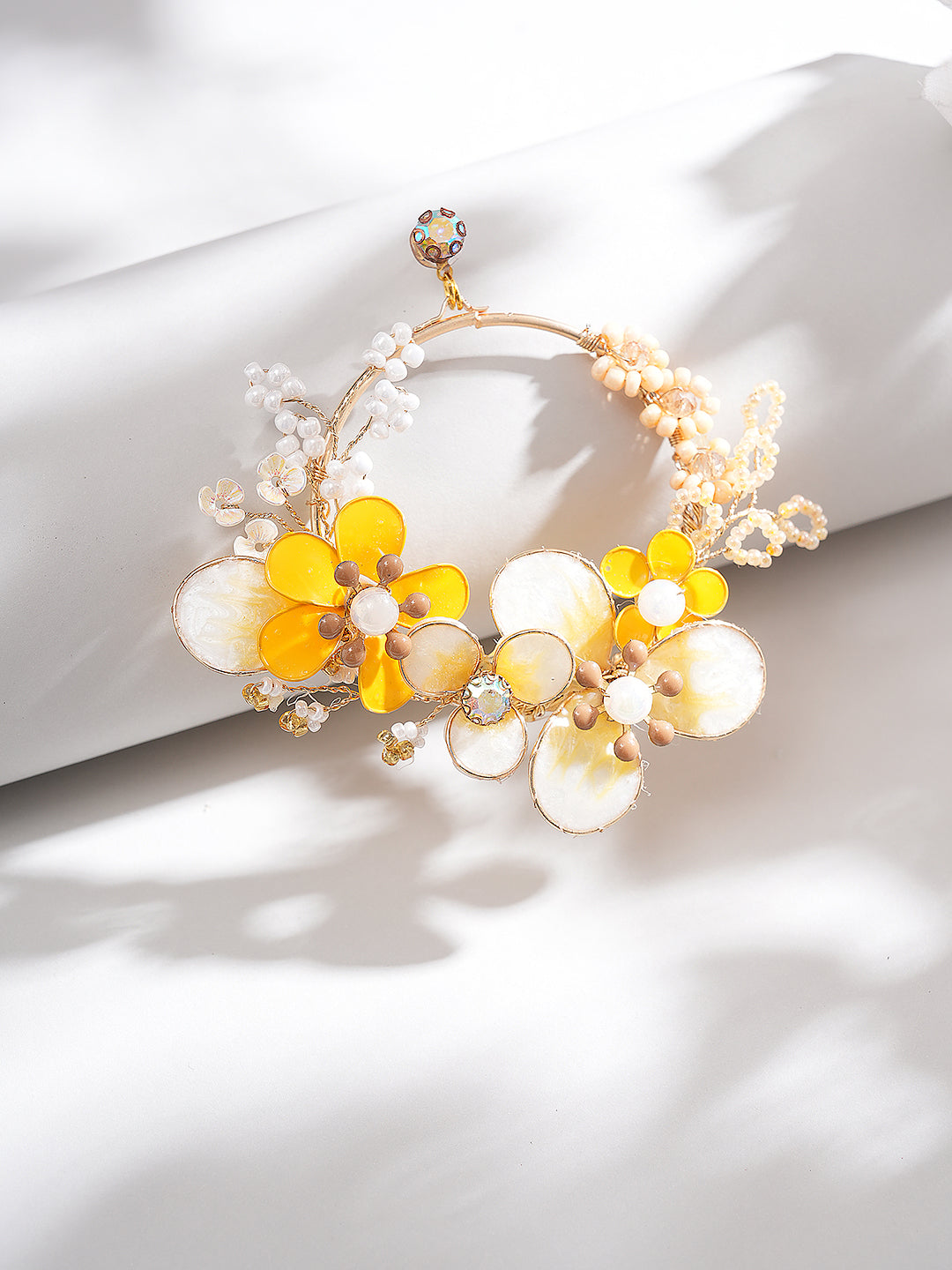 Yellow & White Enamelled & Beaded Statement Floral earrings