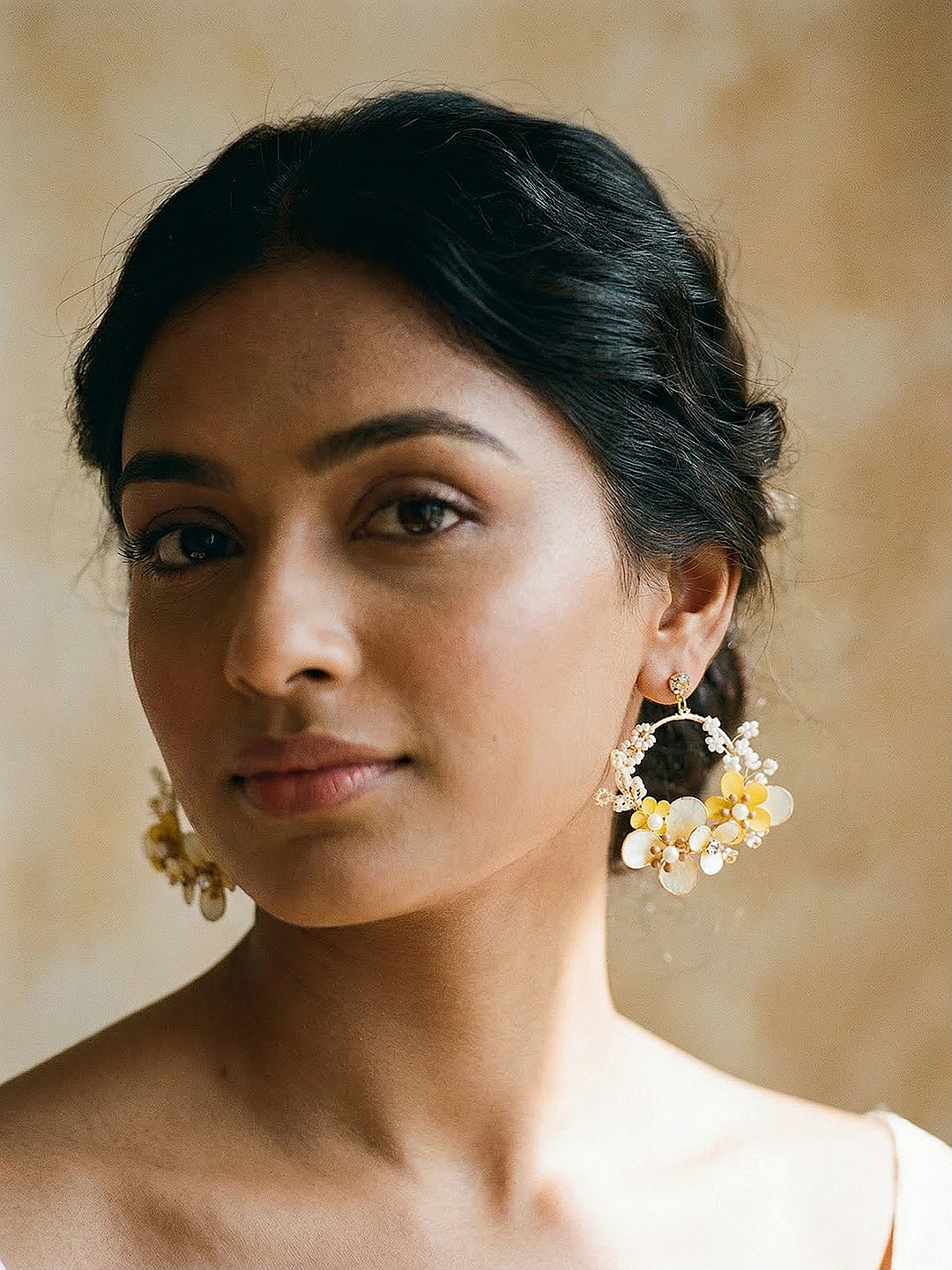 Yellow & White Enamelled & Beaded Statement Floral earrings