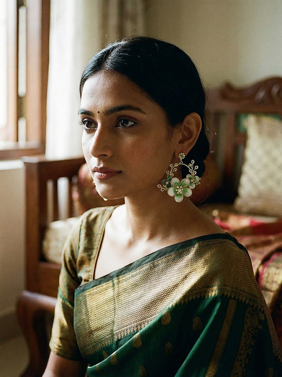 Green & White Enamelled & pearl Beaded  Floral Statement Earrings