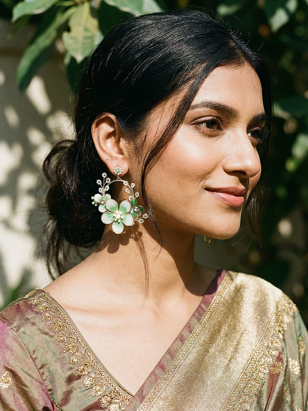 Green & White Enamelled & pearl Beaded  Floral Statement Earrings