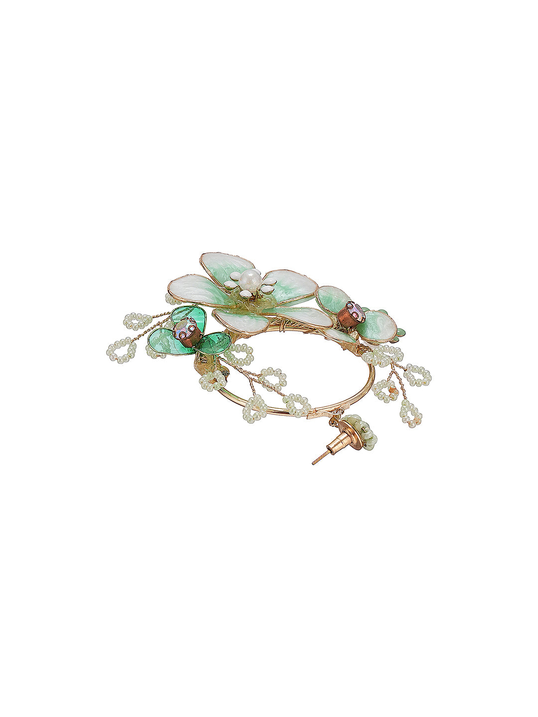 Green & White Enamelled & pearl Beaded  Floral Statement Earrings