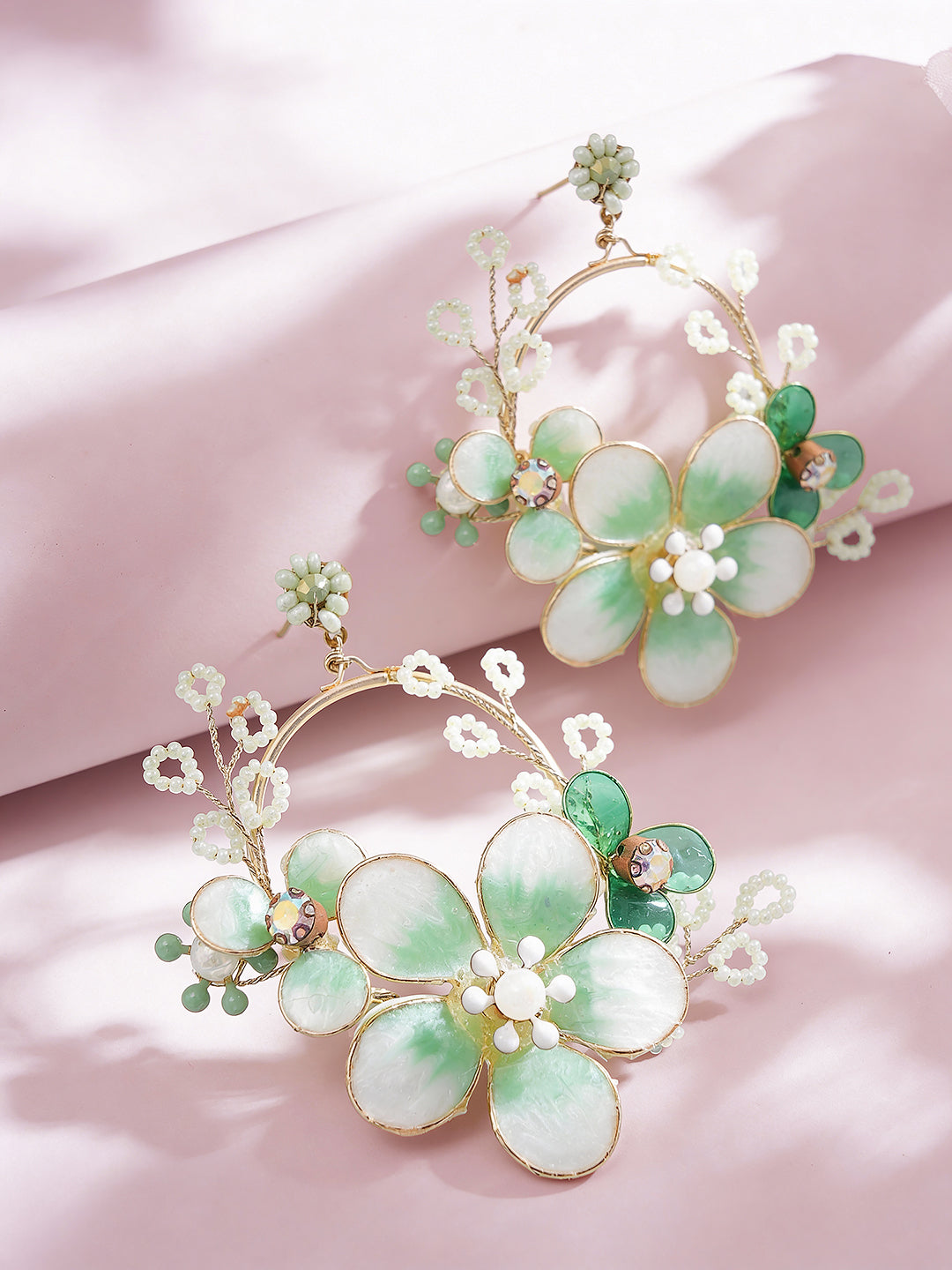 Green & White Enamelled & pearl Beaded  Floral Statement Earrings