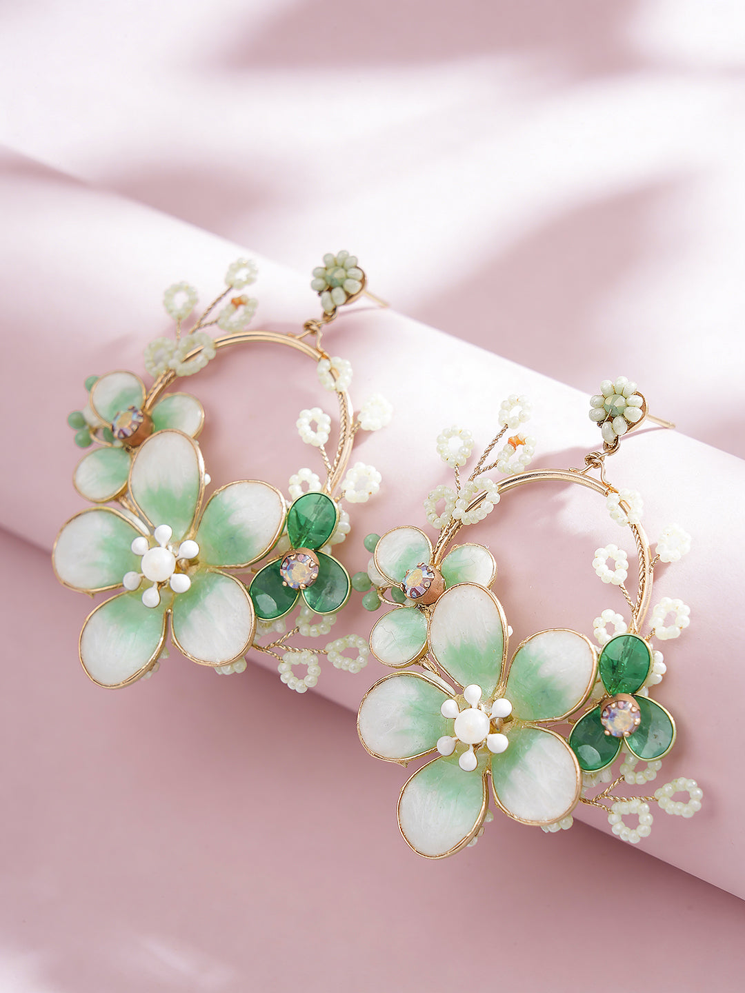Green & White Enamelled & pearl Beaded  Floral Statement Earrings