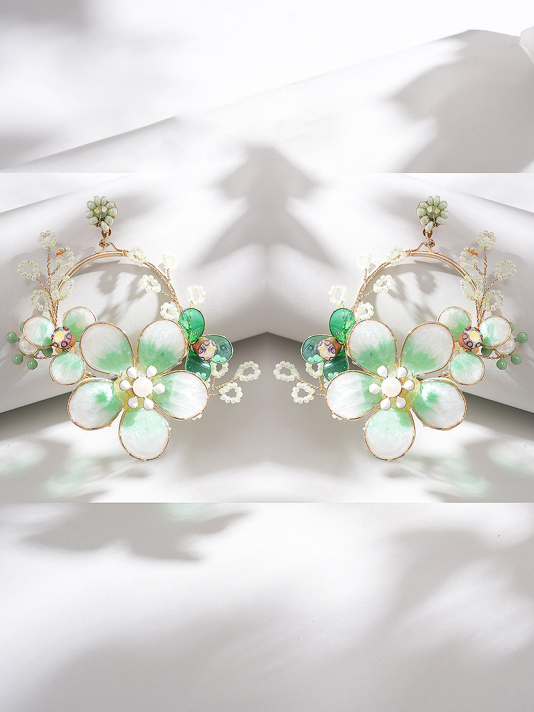 Green & White Enamelled & pearl Beaded  Floral Statement Earrings