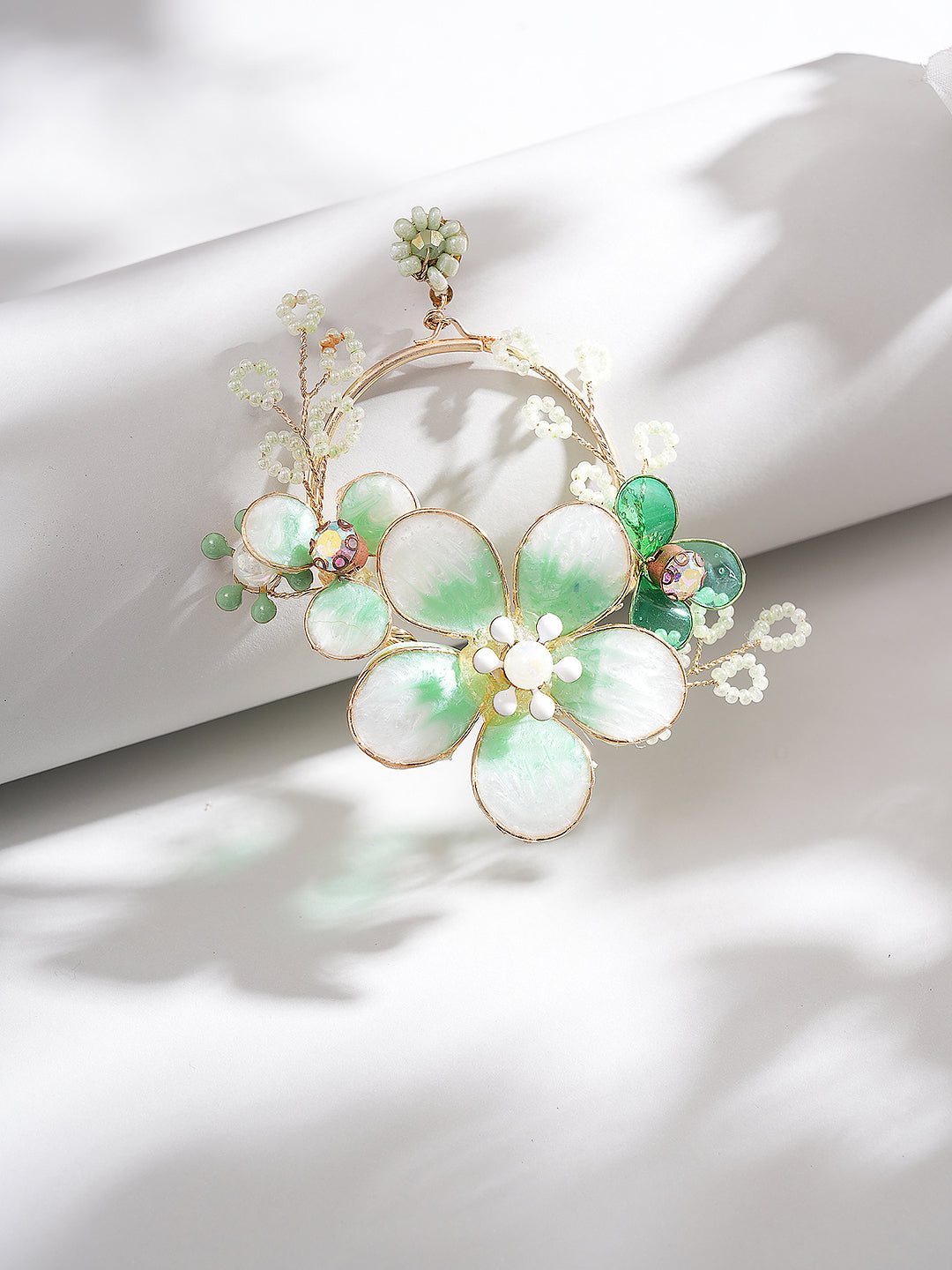Green & White Enamelled & pearl Beaded  Floral Statement Earrings
