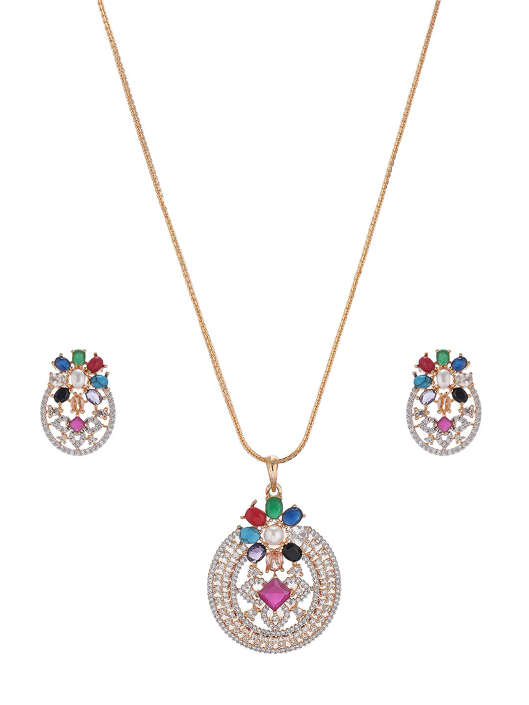 Gold Plated Nav Ratna  Cubic Zirconia Stones Studded Circular Pendant Jewellery Set