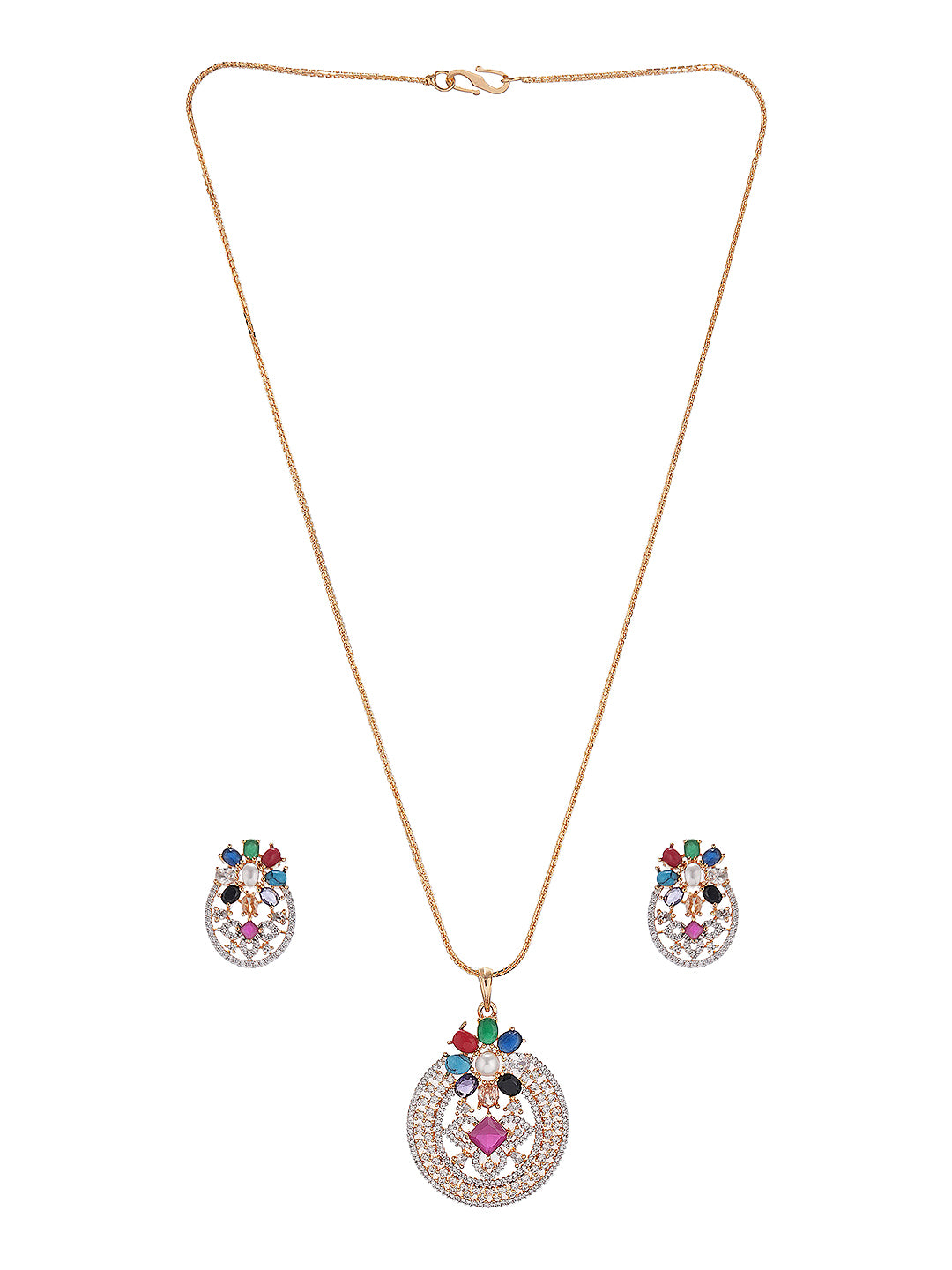 Gold Plated Nav Ratna  Cubic Zirconia Stones Studded Circular Pendant Jewellery Set