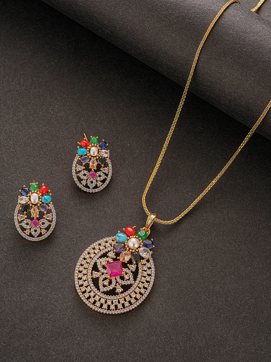 Gold Plated Nav Ratna  Cubic Zirconia Stones Studded Circular Pendant Jewellery Set