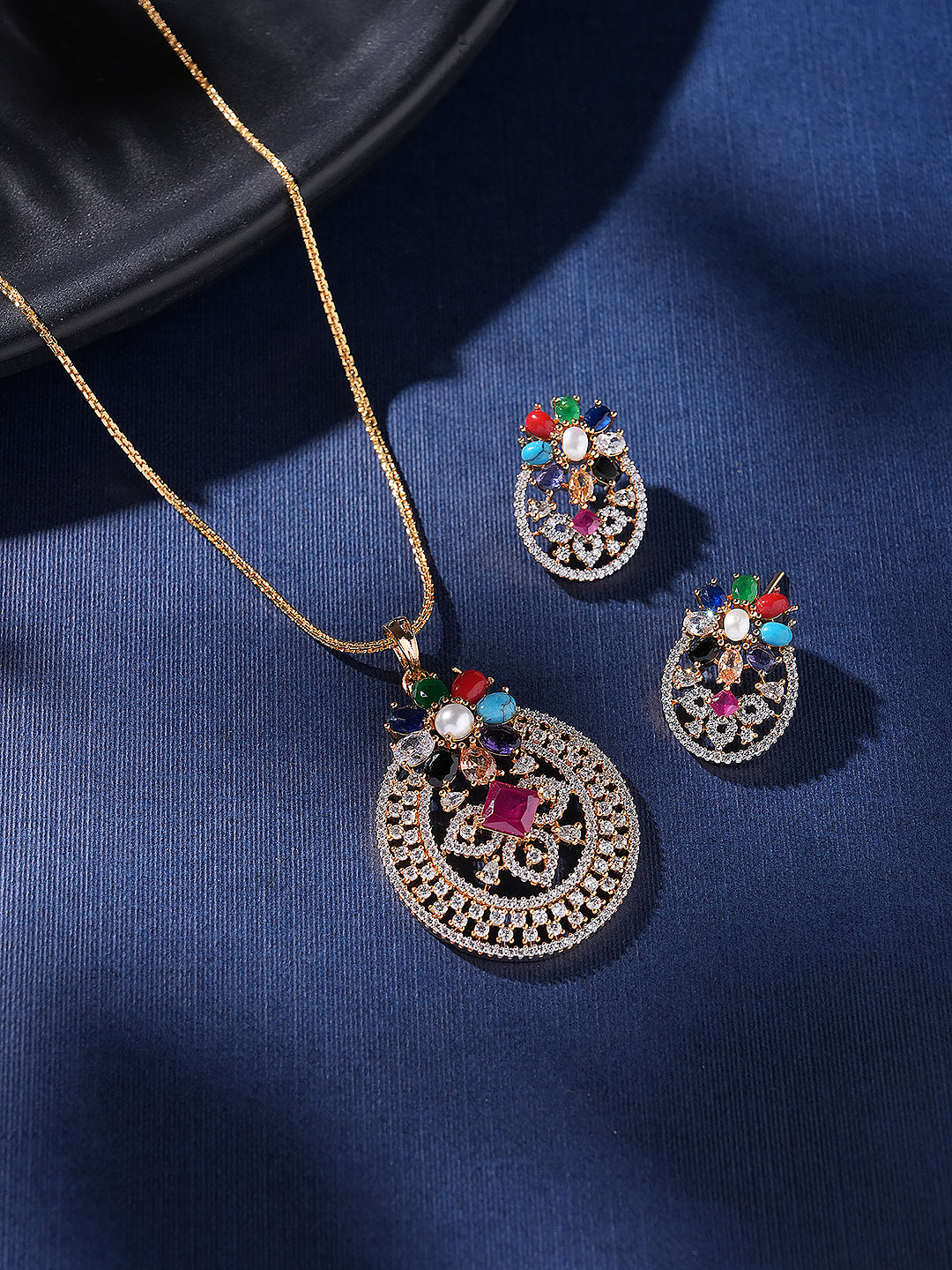 Gold Plated Nav Ratna  Cubic Zirconia Stones Studded Circular Pendant Jewellery Set