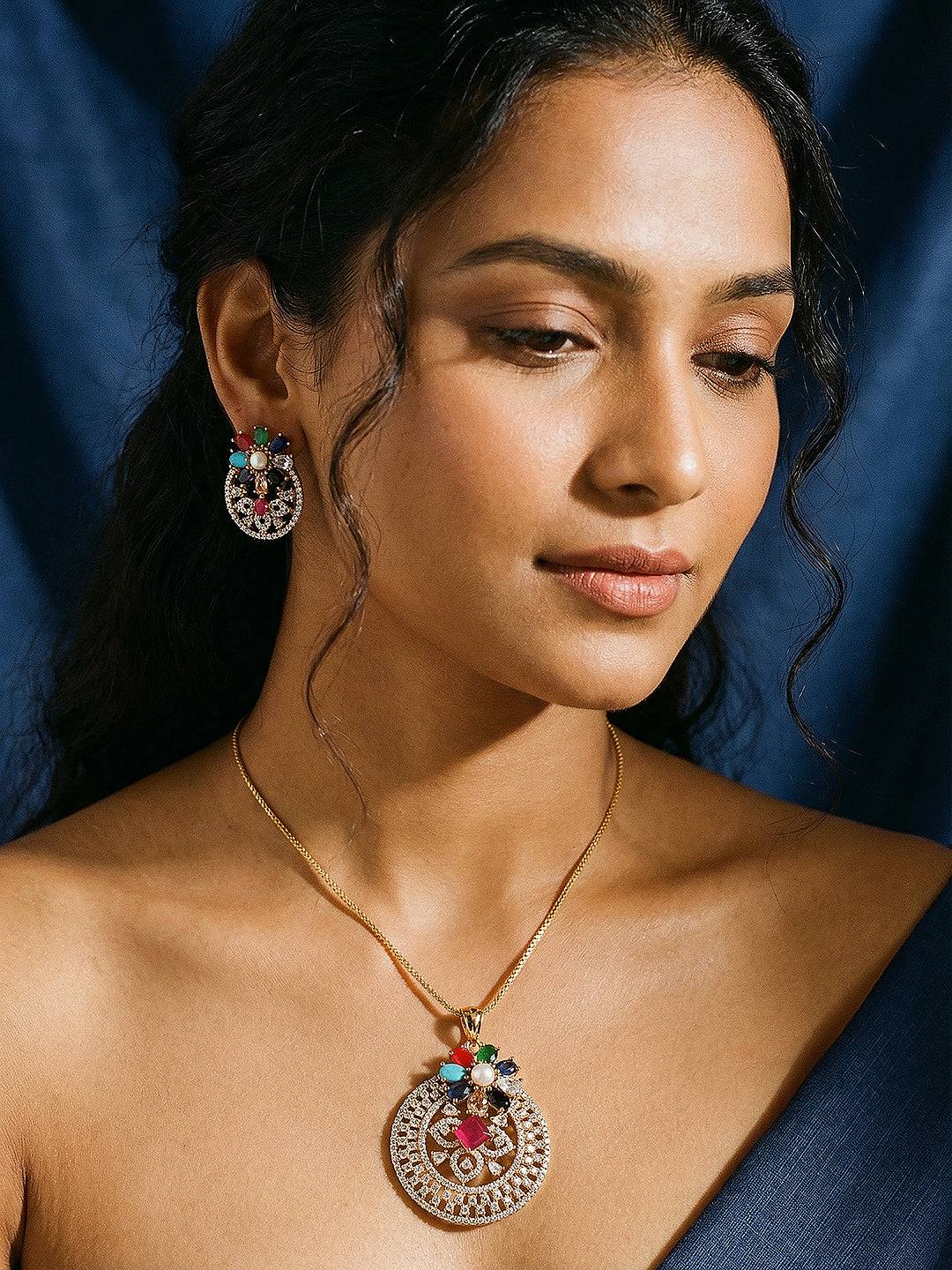 Gold Plated Nav Ratna  Cubic Zirconia Stones Studded Circular Pendant Jewellery Set