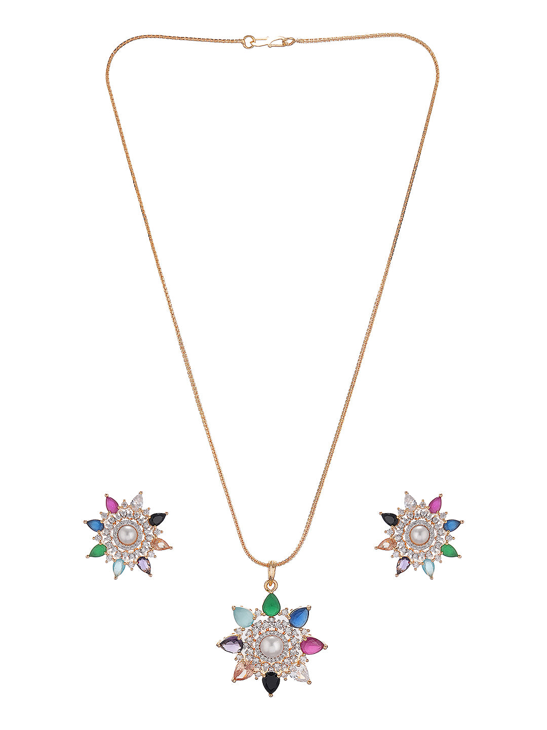 Gold Plated Nav Ratna  Cubic Zirconia Stones Studded Star Shaped Pendant Jewellery Set