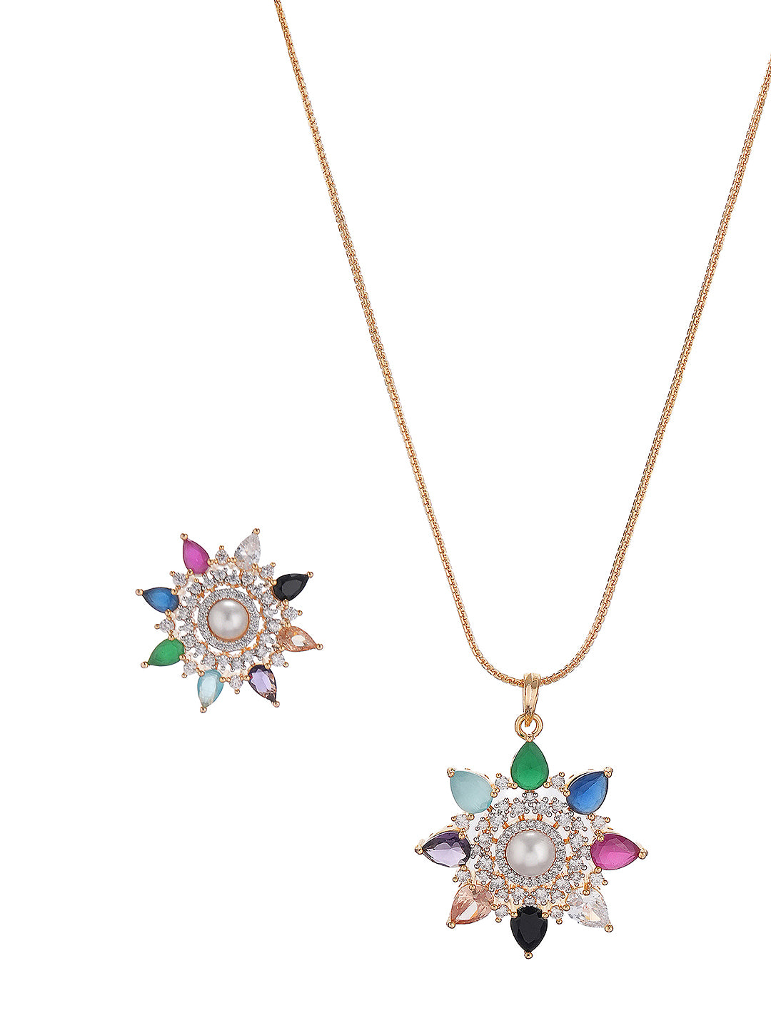 Gold Plated Nav Ratna  Cubic Zirconia Stones Studded Star Shaped Pendant Jewellery Set