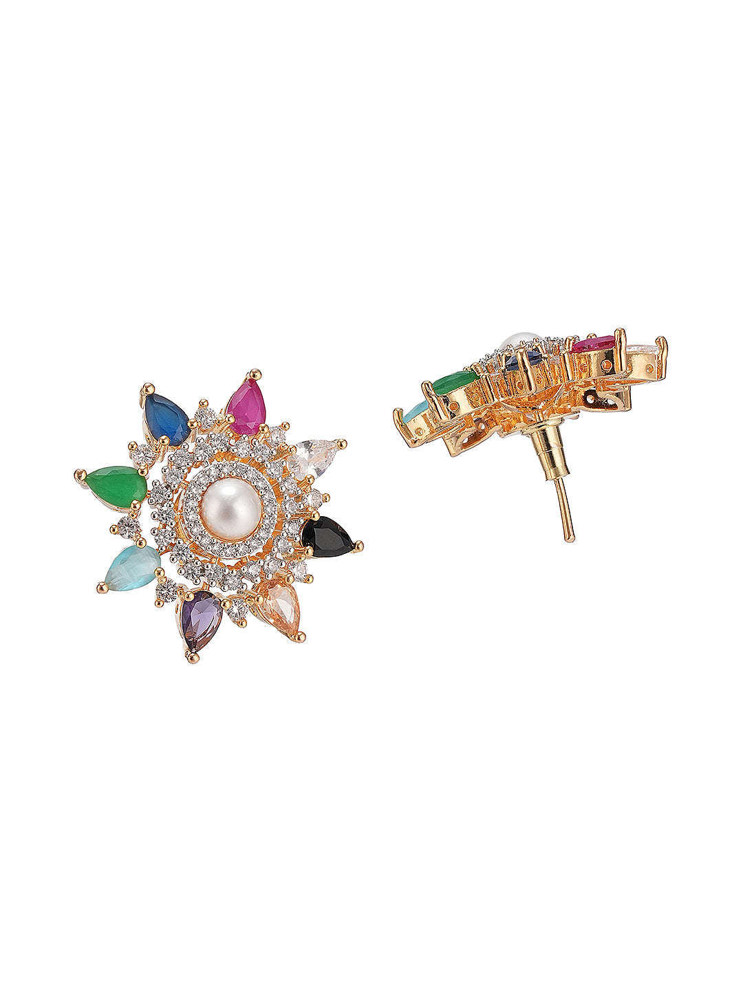 Gold Plated Nav Ratna  Cubic Zirconia Stones Studded Star Shaped Pendant Jewellery Set