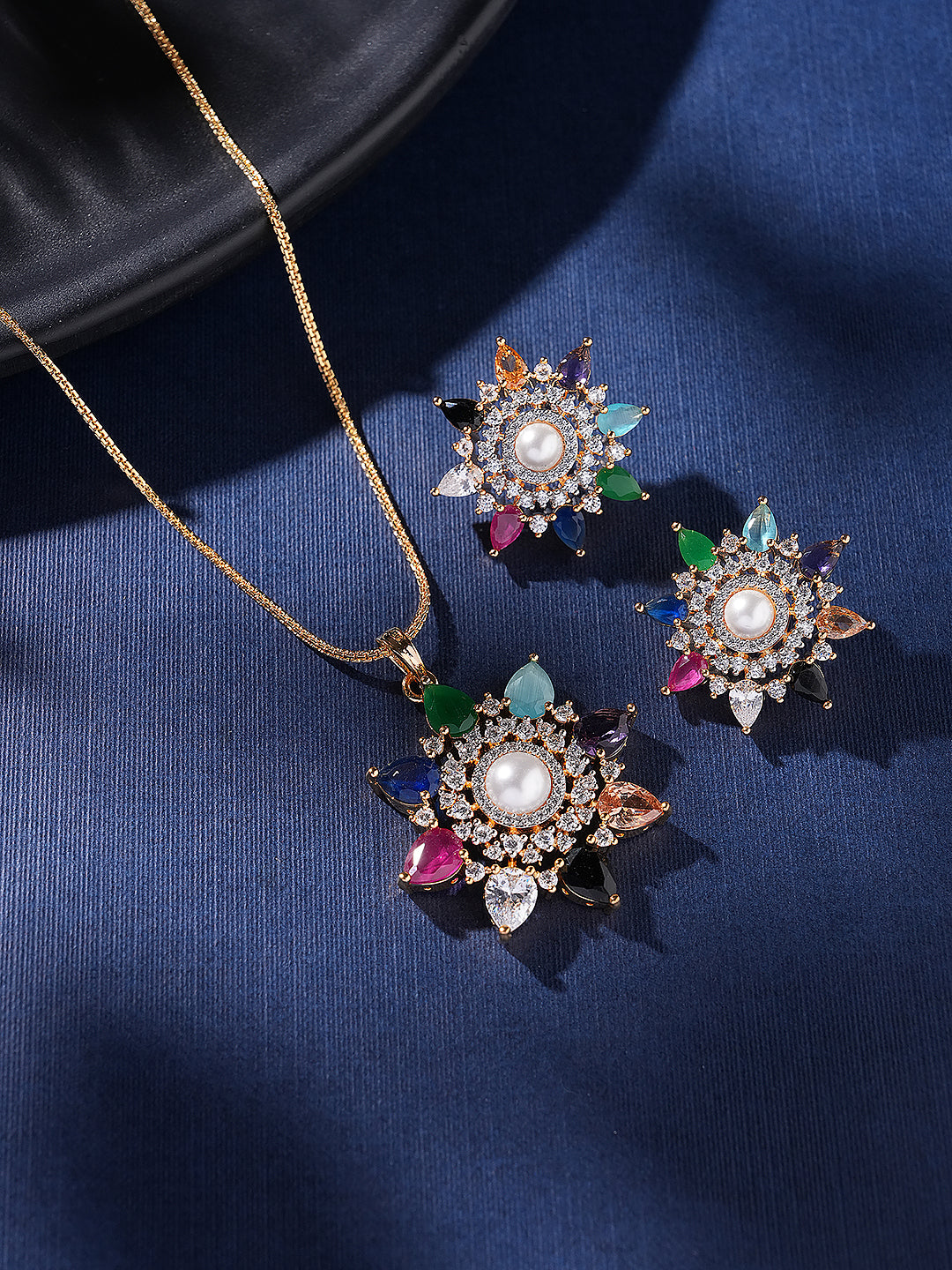 Gold Plated Nav Ratna  Cubic Zirconia Stones Studded Star Shaped Pendant Jewellery Set