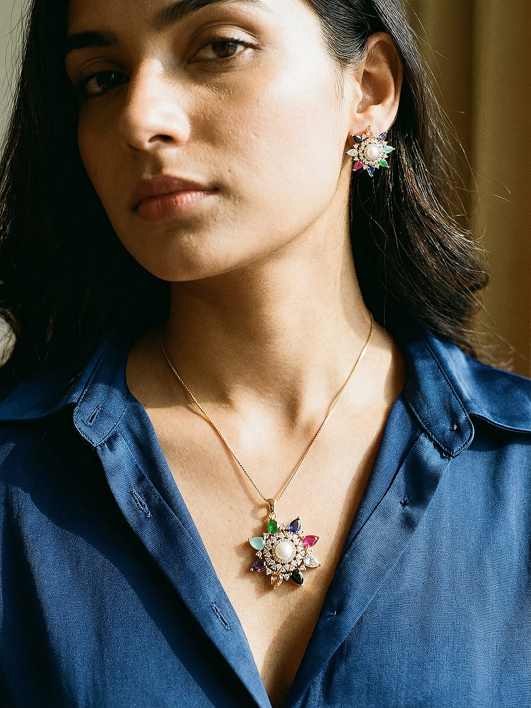 Gold Plated Nav Ratna  Cubic Zirconia Stones Studded Star Shaped Pendant Jewellery Set