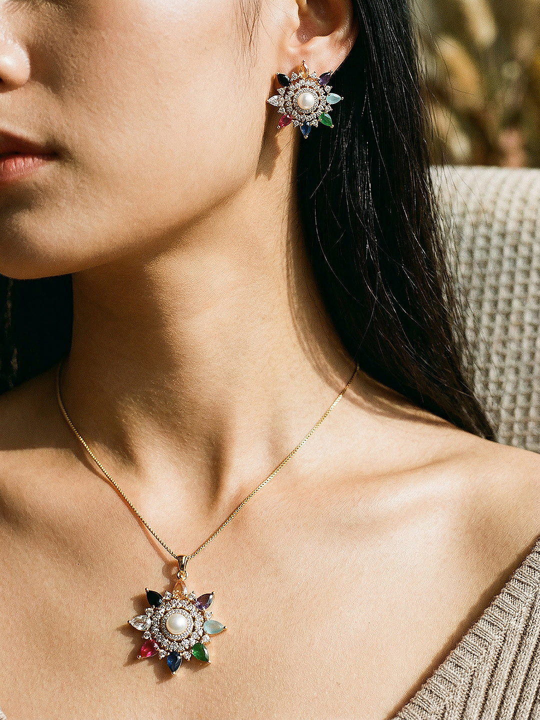 Gold Plated Nav Ratna  Cubic Zirconia Stones Studded Star Shaped Pendant Jewellery Set