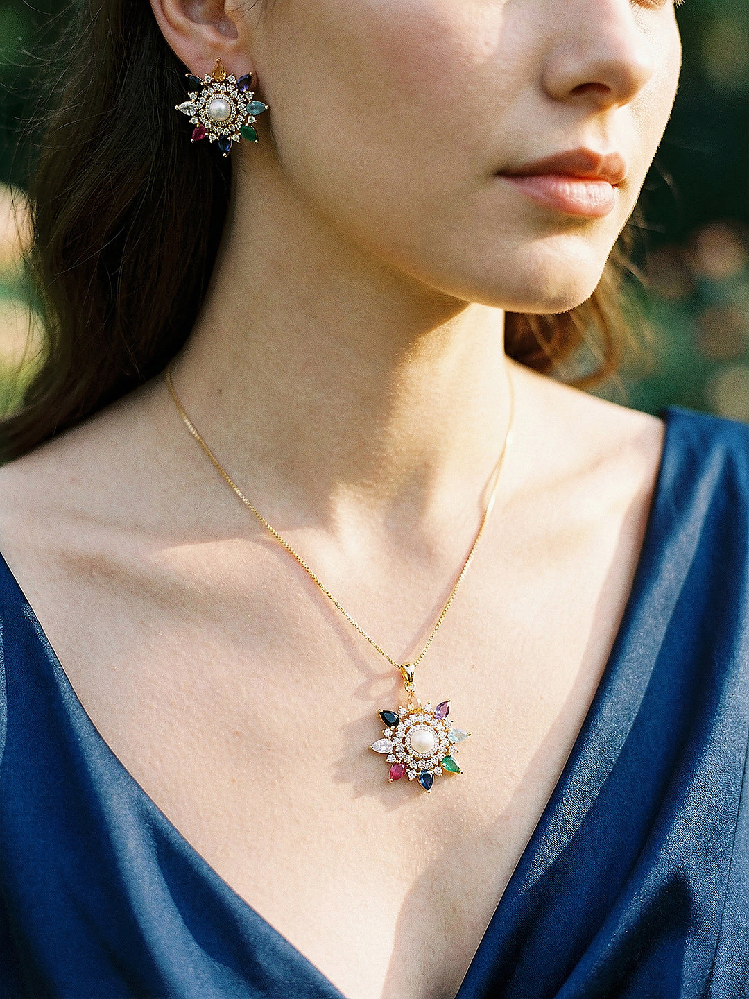 Gold Plated Nav Ratna  Cubic Zirconia Stones Studded Star Shaped Pendant Jewellery Set