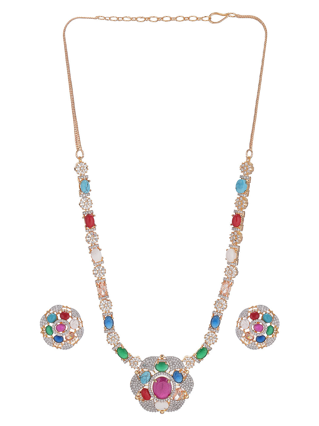 Gold Plated Nav Ratna Zircon Studded  Temple Minimal Jewellery Set