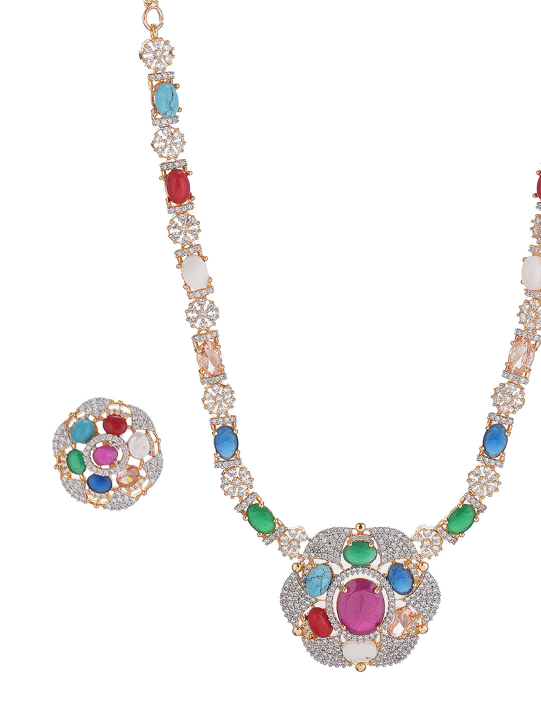 Gold Plated Nav Ratna Zircon Studded  Temple Minimal Jewellery Set