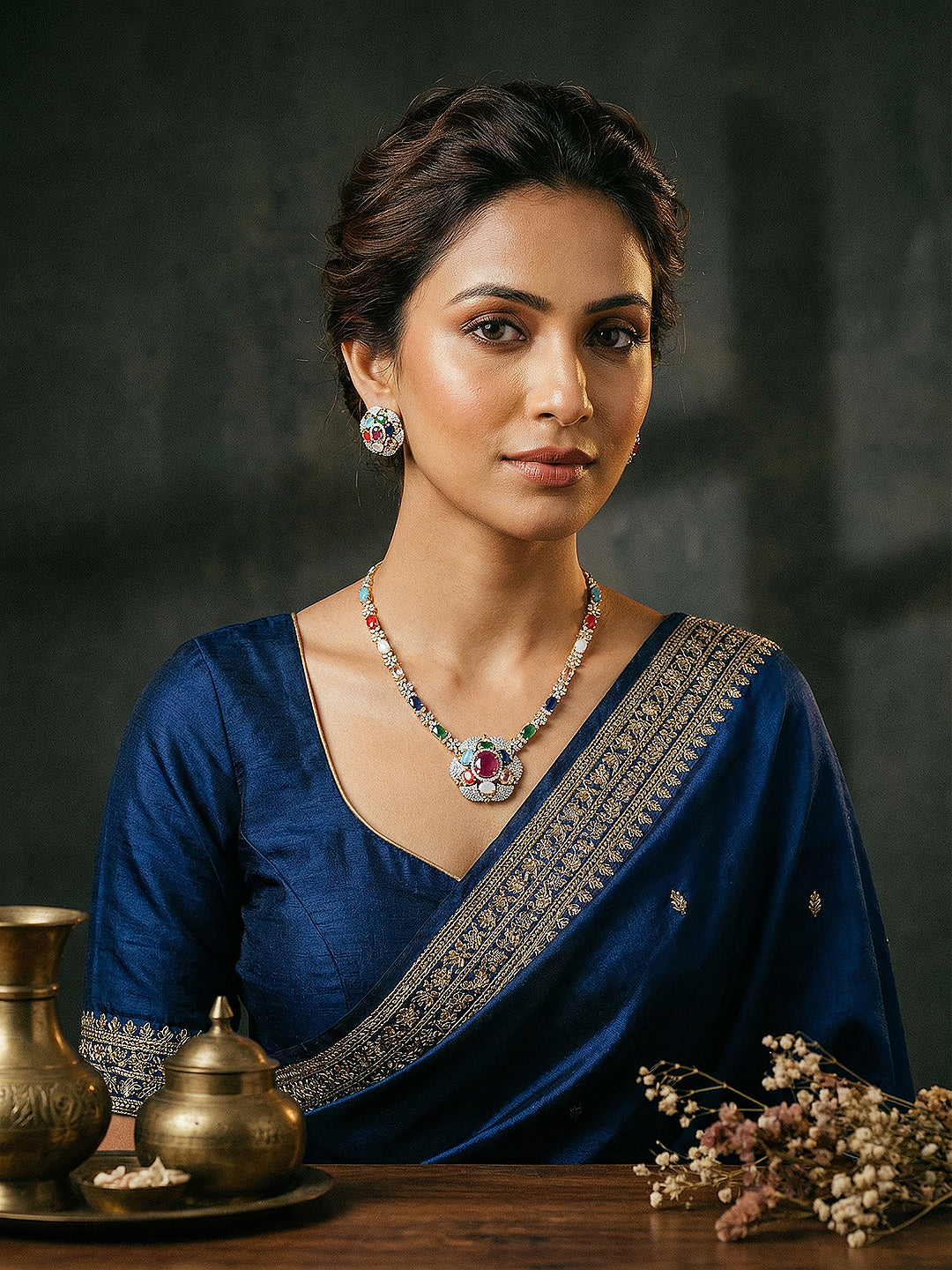 Gold Plated Nav Ratna Zircon Studded  Temple Minimal Jewellery Set