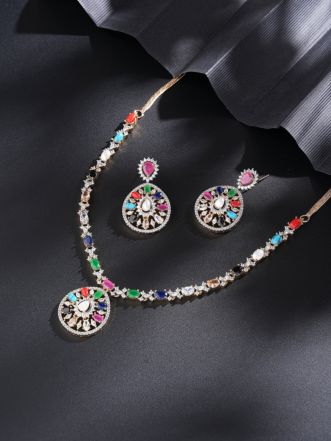 Gold Plated Nav Ratna Zircon Studded  Temple Pendant  Jewellery Set